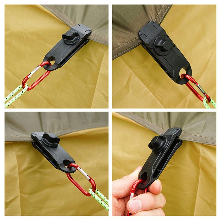 Strong black reusable tarp clip for secure attachment of tents, awnings & outdoor equipment.