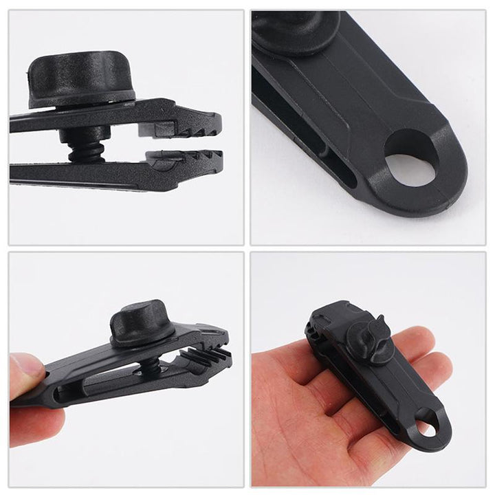 Universal reusable tarp clips in red and black, crucial tent accessories & camping gear.