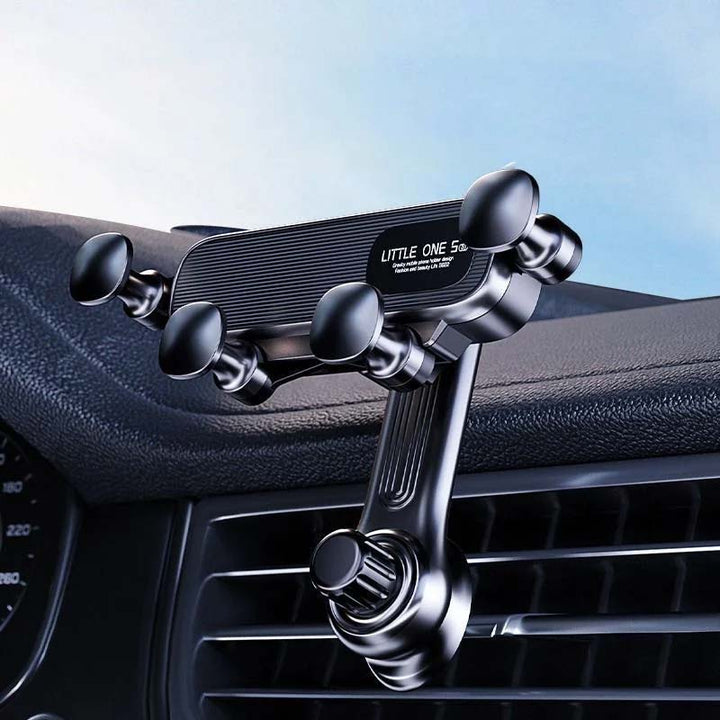 Universal car phone holder attached to a car vent, fully rotatable for customizable viewing angles