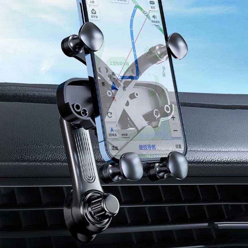 Universal car phone holder with a phone in place, demonstrating hands-free GPS navigation in a vehicle