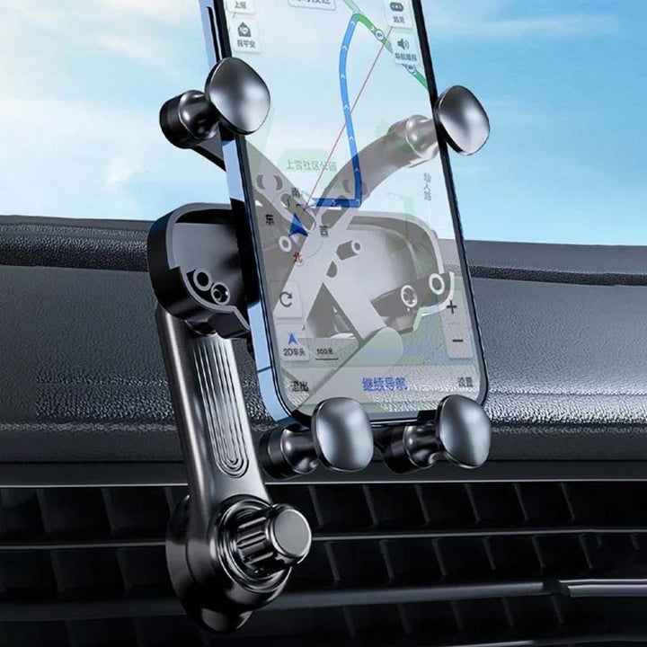Universal car phone holder with a phone in place, demonstrating hands-free GPS navigation in a vehicle