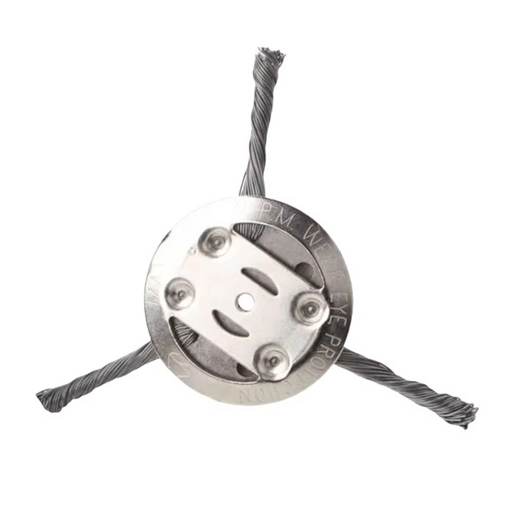 Durable steel wire brush trimmer head, ideal for weed removal & outdoor cleanup.