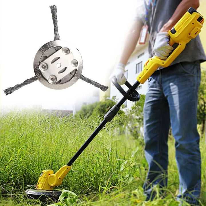Universal weed trimmer head; a heavy-duty wire brush for garden tools, rust removal, & paint stripping.