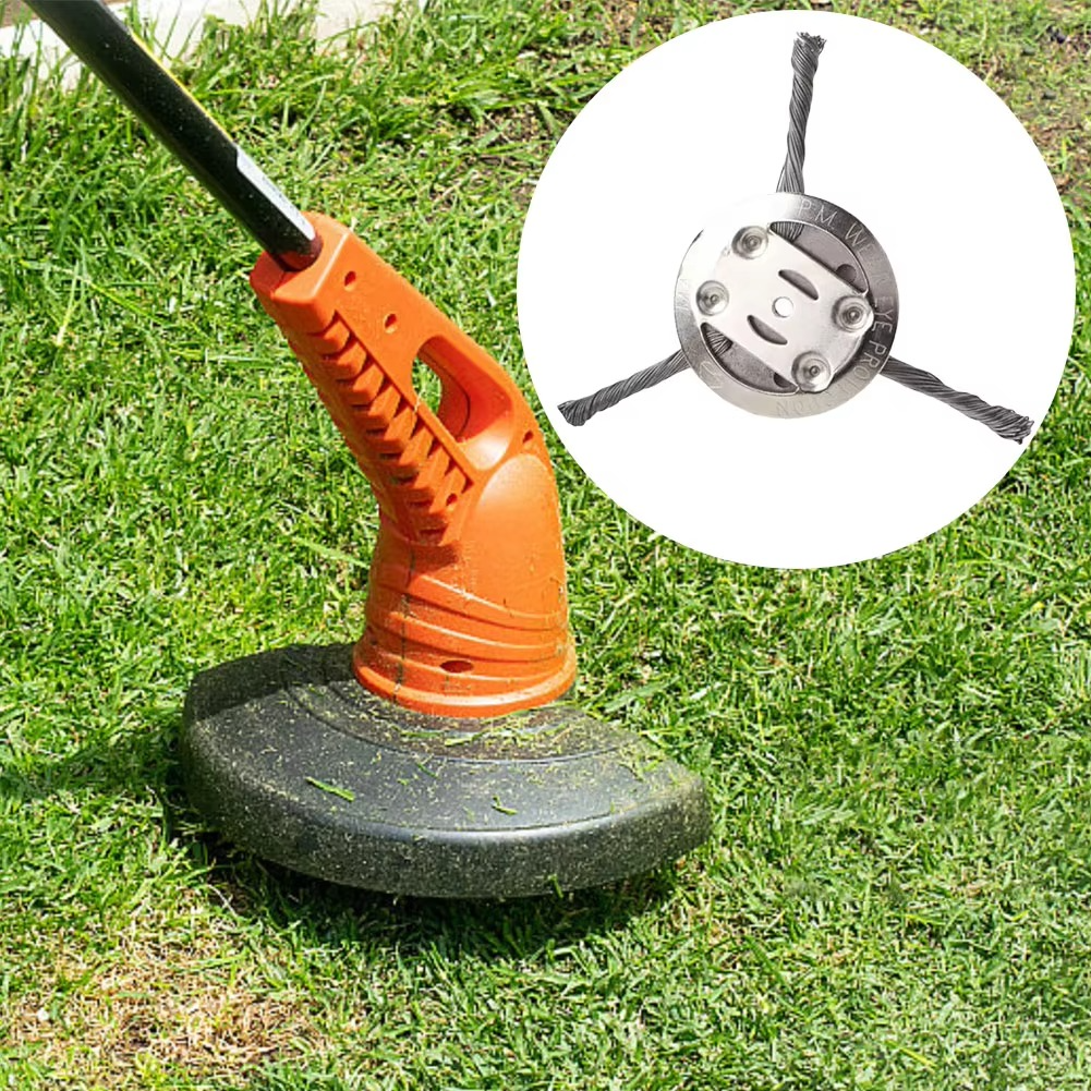 Robust steel wire weed trimmer head, essential heavy-duty garden tool for lawn care.