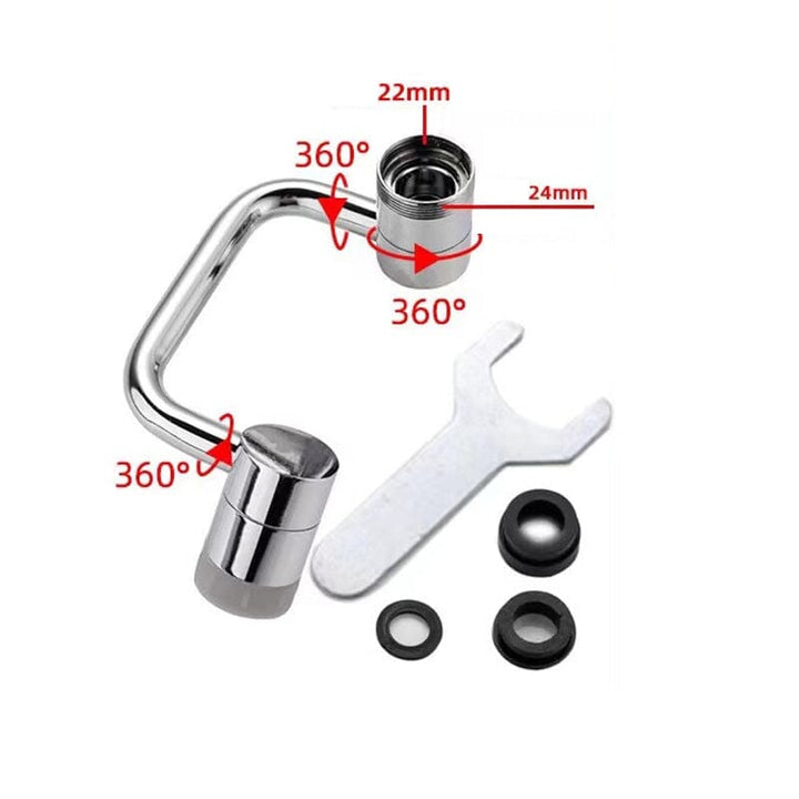 Water spraying from a universal swivel faucet aerator in a bathroom, showing wide coverage