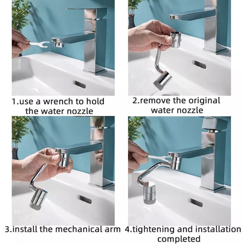Hand demonstrating the swivel function of a universal faucet aerator, showing 360-degree rotation