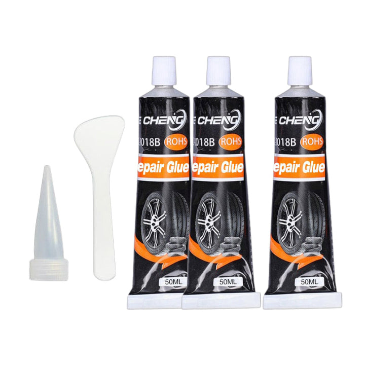 Universal Tire Repair Adhesive next to a car tire, emphasizing its use in automotive puncture repair and care