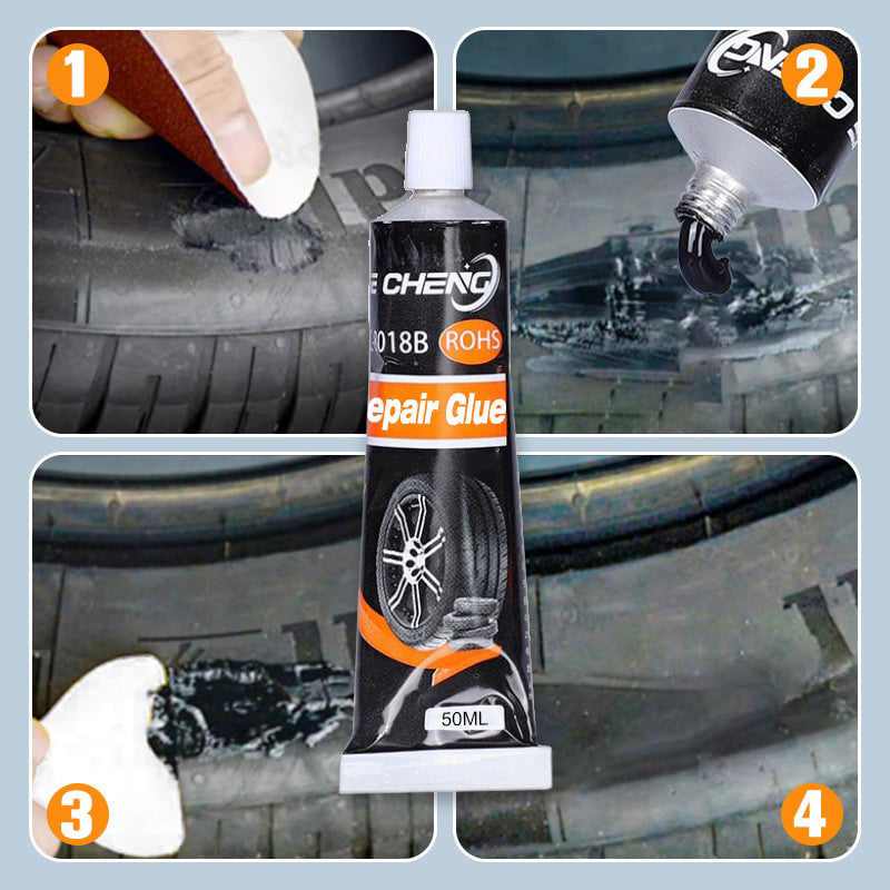 Packaging of Universal Tire Repair Adhesive, highlighting waterproof and high temperature features for vehicles