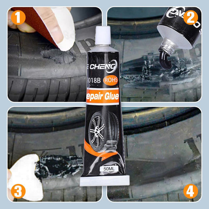 Packaging of Universal Tire Repair Adhesive, highlighting waterproof and high temperature features for vehicles