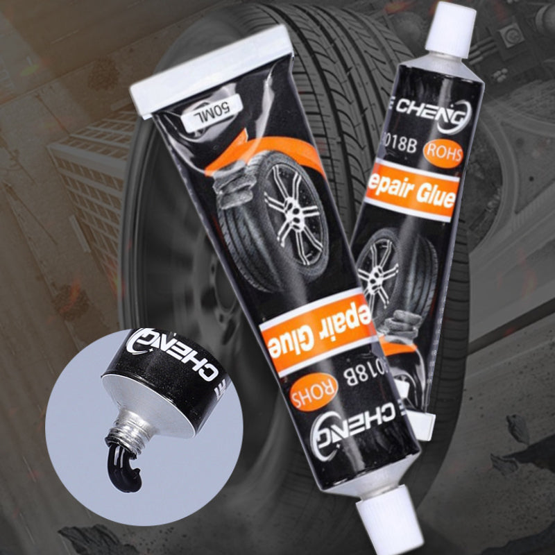 Instructional image: Universal Tire Repair Adhesive being used to patch a bicycle tire, waterproof, high temp