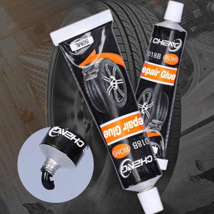 Instructional image: Universal Tire Repair Adhesive being used to patch a bicycle tire, waterproof, high temp