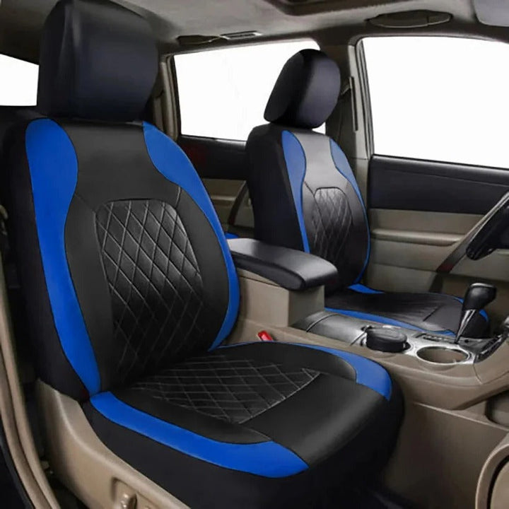 All-weather waterproof car seat covers for 5 seats. Universal PU leather for SUV, truck, & car interior protection.