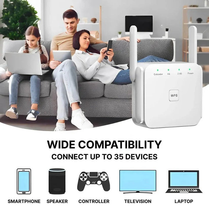 Universal internet booster, a dead zone killer. Provides strong, consistent WiFi throughout your home.