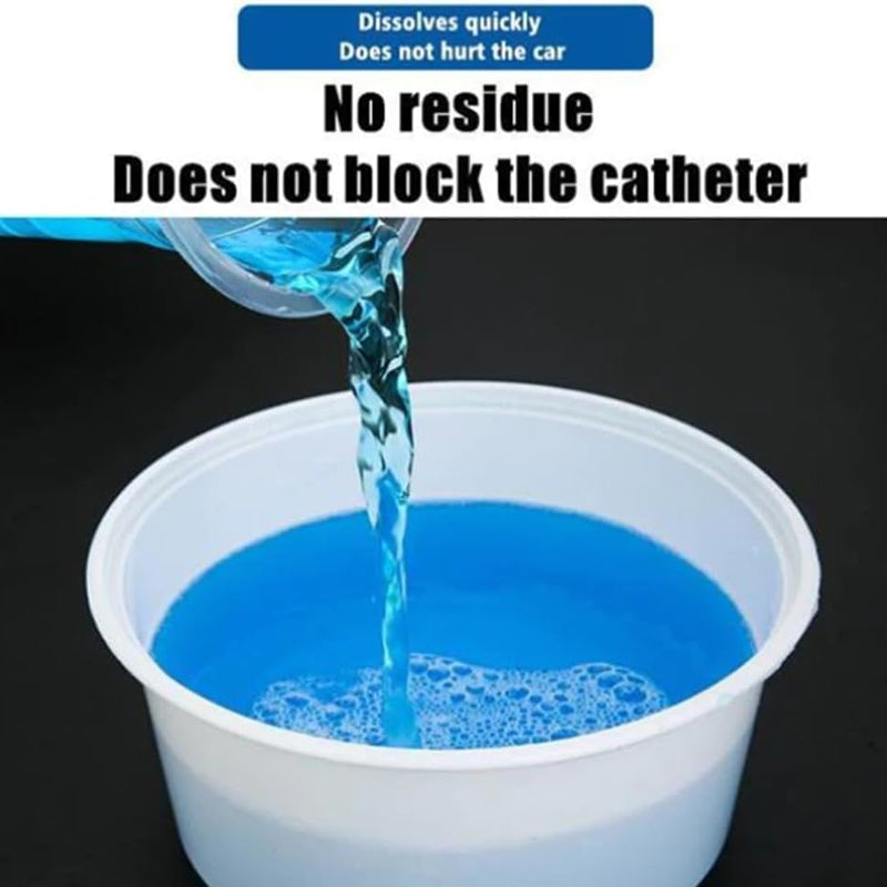 Hand holding Universal Windshield Wiper Fluid Tablet above a car's fluid reservoir, easy use