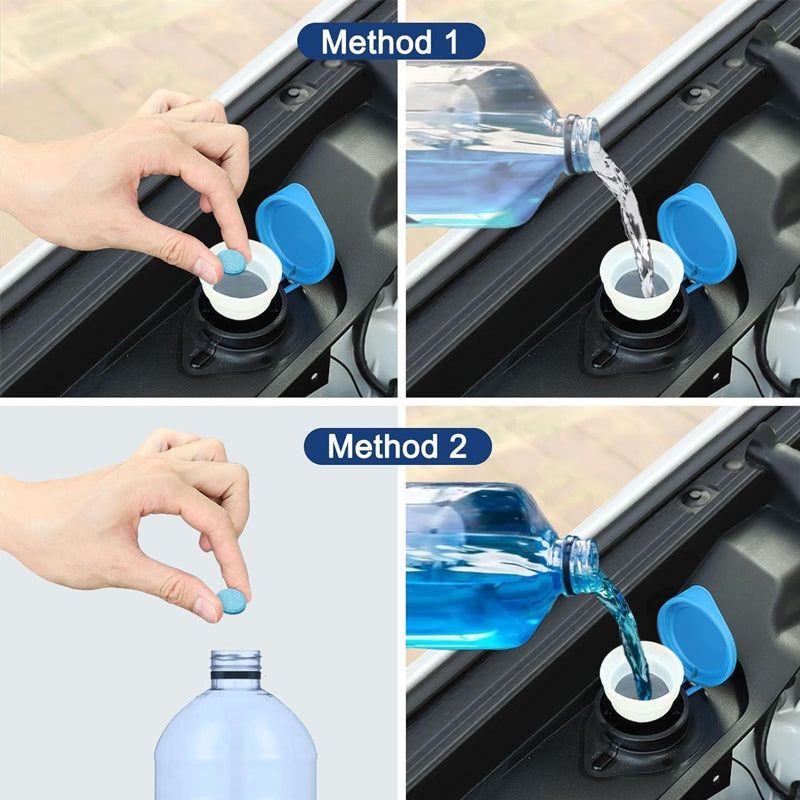 Dissolving Universal Windshield Wiper Fluid Tablet in water, showing quick-acting auto cleaning solution