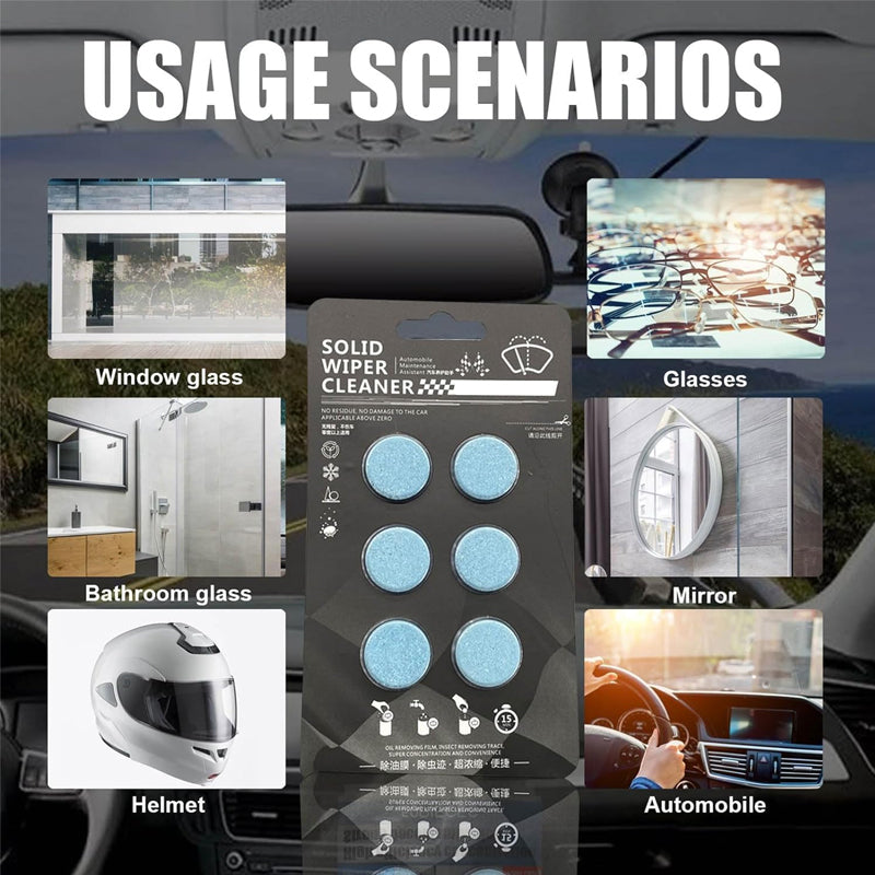 Universal Windshield Wiper Fluid Tablets displayed with car windshield, highlighting clear visibility