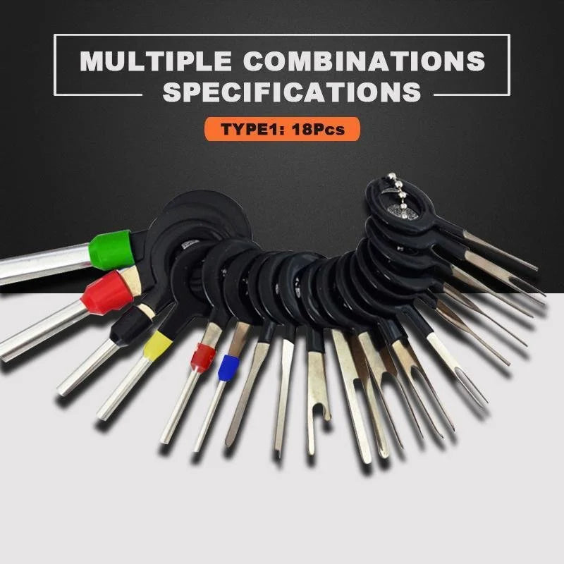Universal automotive tool for electrical repair, specifically a wire terminal remover kit in its case