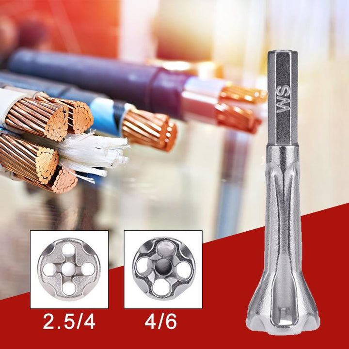 Universal wire twisting tool for electricians, close-up of rotating head, metal construction