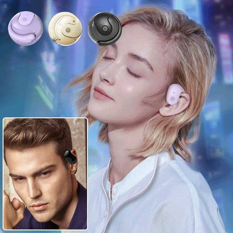 Universal wireless Bluetooth earbuds on a stand, showcasing their features