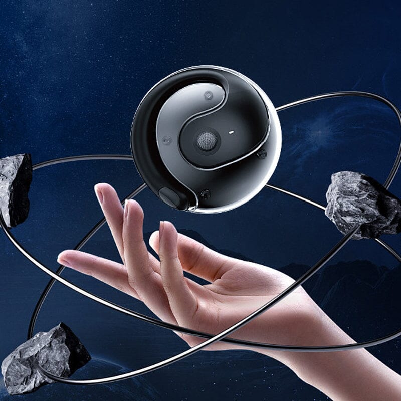 Close-up of a single Universal wireless earbud, showing silicone tip and mic