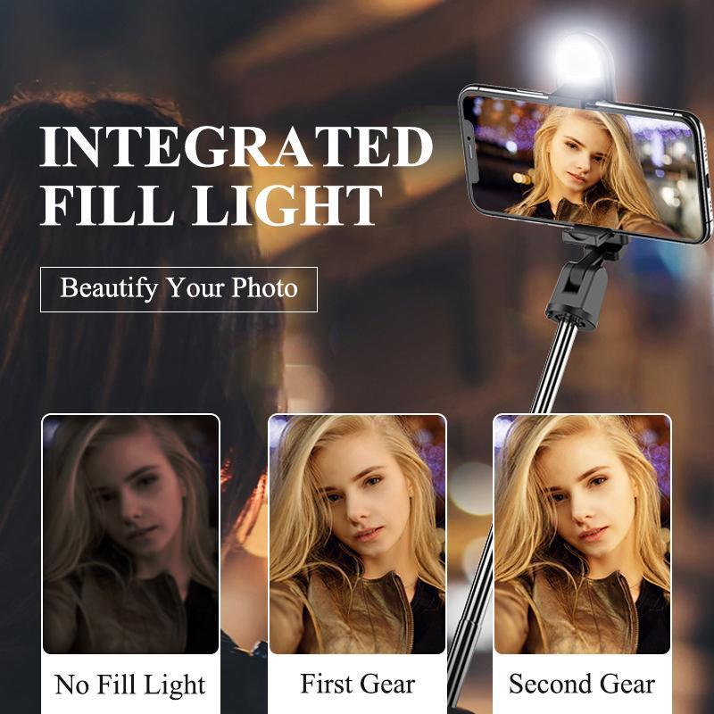 Portable Bluetooth selfie stick tripod with phone holder, ideal for vlogging and photography