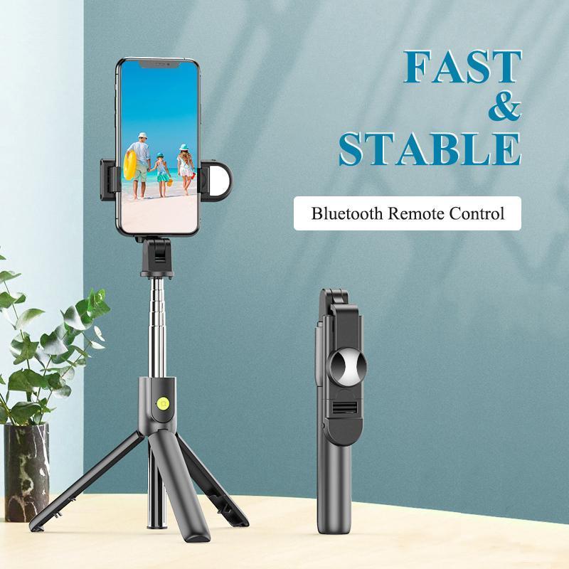 Adjustable wireless selfie stick and tripod combo, black, for stable smartphone photos