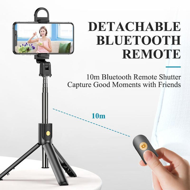 Multi-functional smartphone accessory: wireless selfie stick, tripod, and light filling