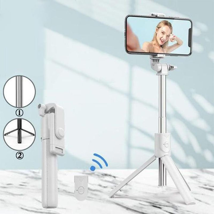 Selfie stick tripod with integrated Bluetooth remote, versatile phone holder for content creation