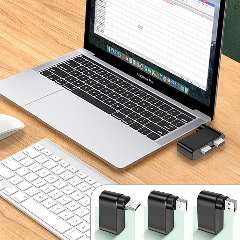 Rotatable USB 2.0 4-port hub, black, for enhanced laptop connectivity & data transfer