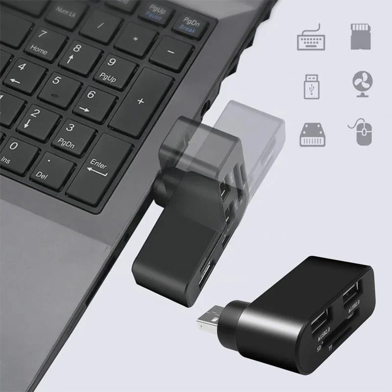 Rotatable USB-A 2.0 hub with four ports, ideal for decluttering laptop setups