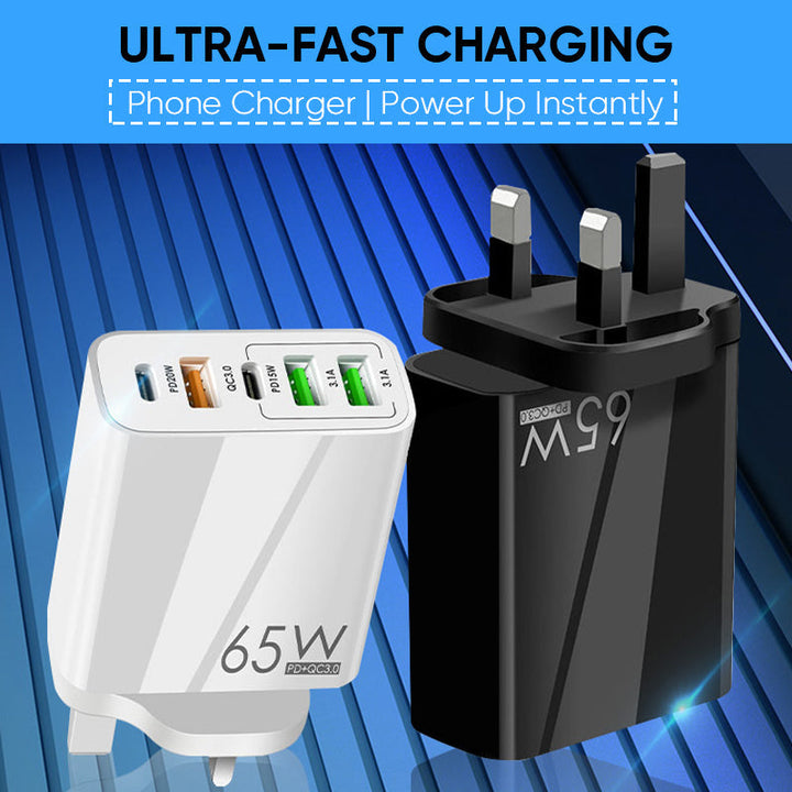 Multiport travel charger, 65W USB-C, ensuring rapid power delivery to multiple gadgets
