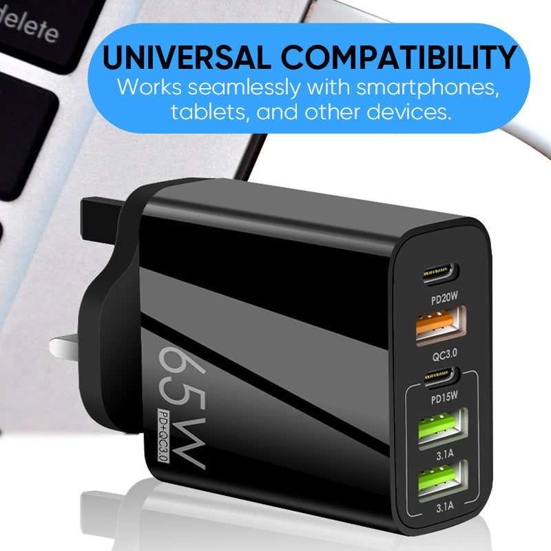 USB-C fast charger adapter, 65W output, a must-have travelcharger for modern electronics
