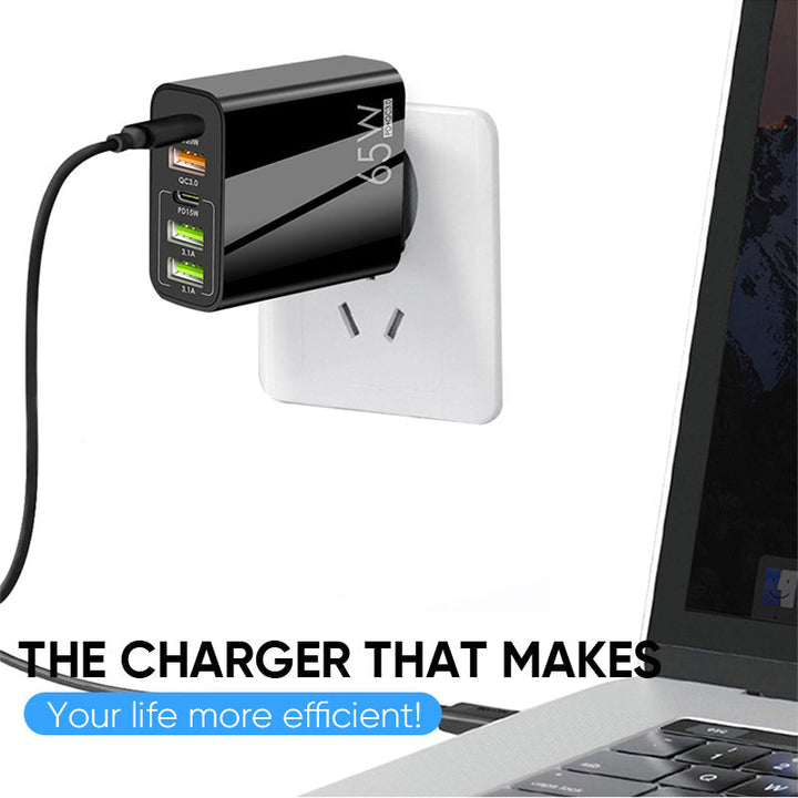 Angled view of a sleek USB-C multiport 65W fast charger, perfect for phone accessories