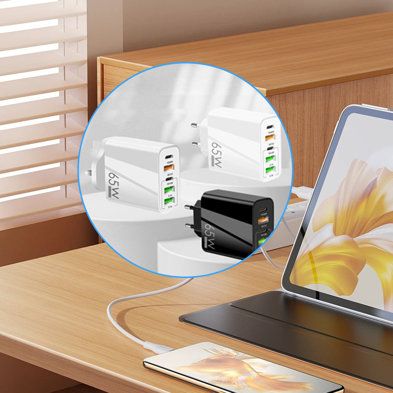 Portable USB charging station with 65W power, designed for efficient multi-device charging