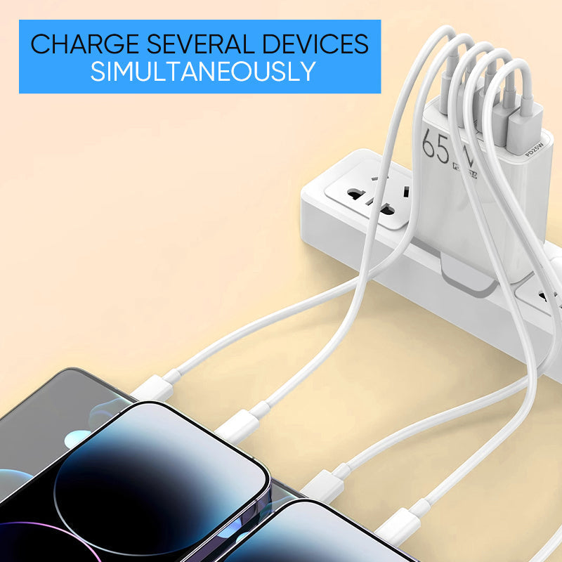 Overview of the USB Multiport 65W fast charger, showcasing all input and output ports