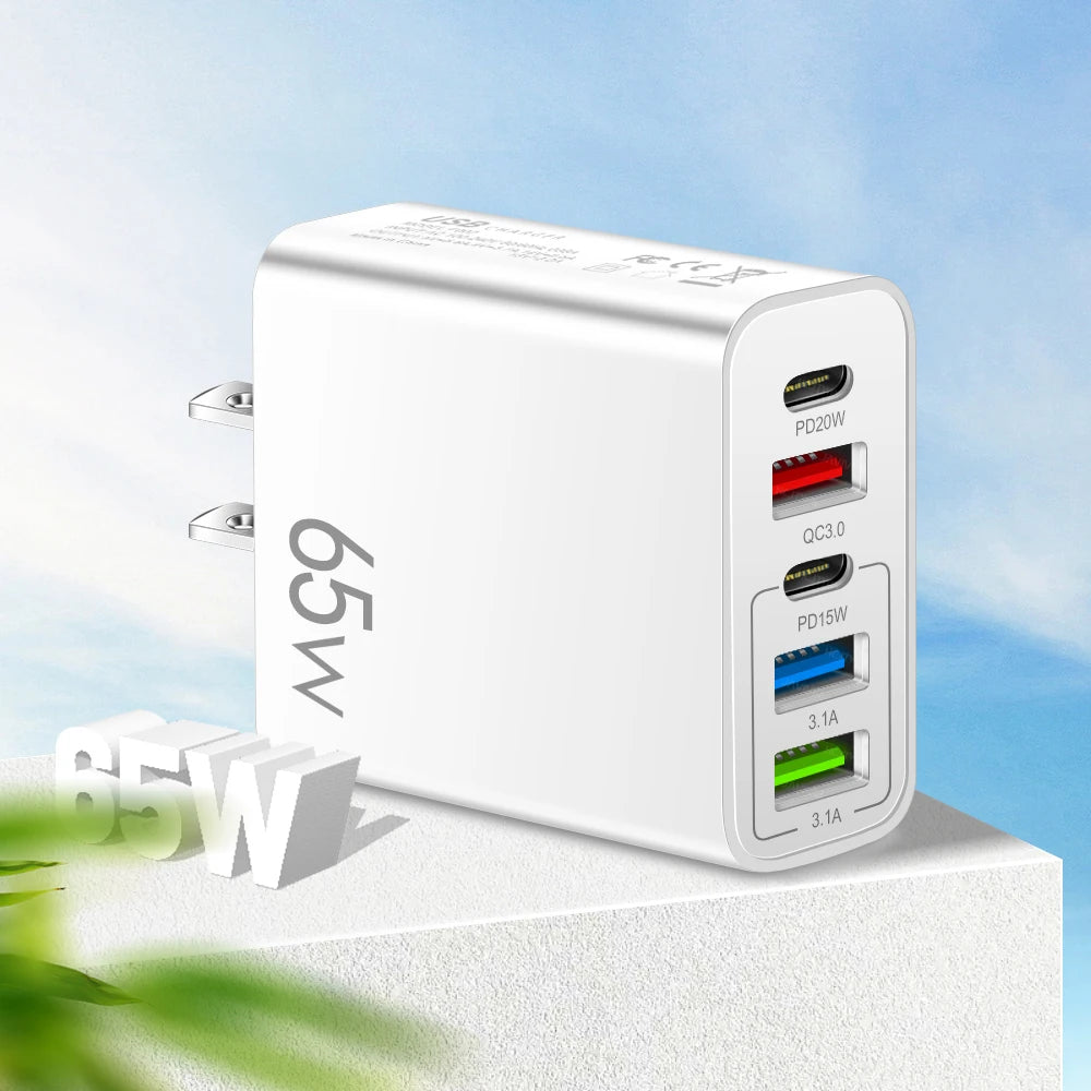 USB-C 65W multiport charger adapter shown with a smartphone and tablet charging simultaneously