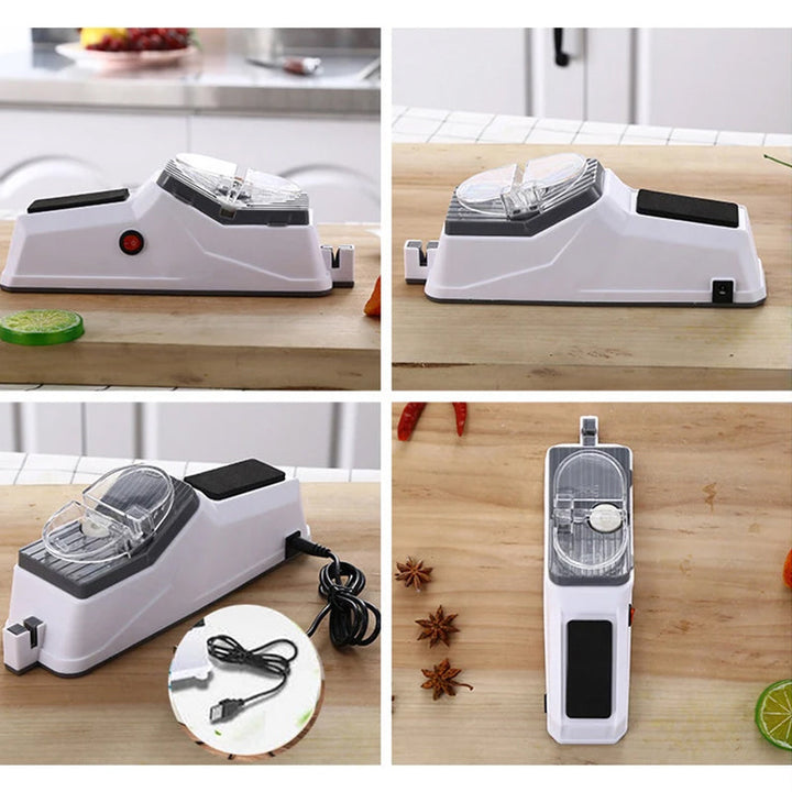 USB electric gadget for sharpening kitchen tools, shown with a paring knife