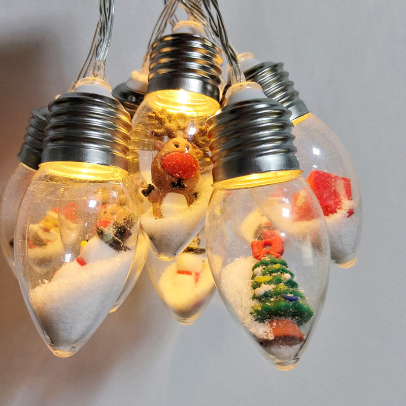 Outdoor view of USB LED Christmas character string lights on a patio during evening party