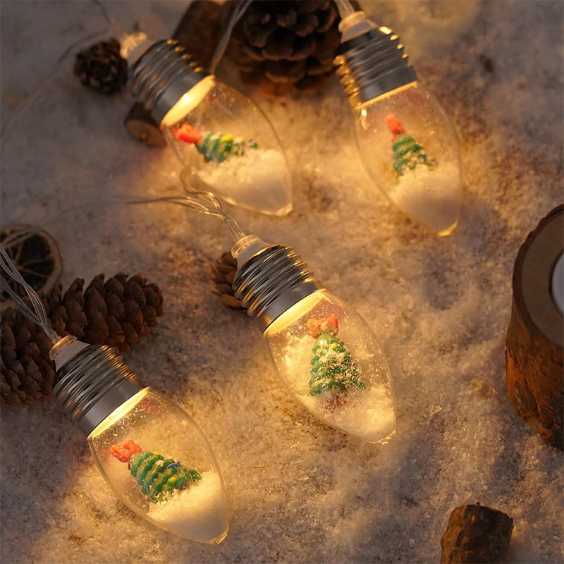 Warm white glow of USB Christmas lights featuring multiple Santa and snowman figures