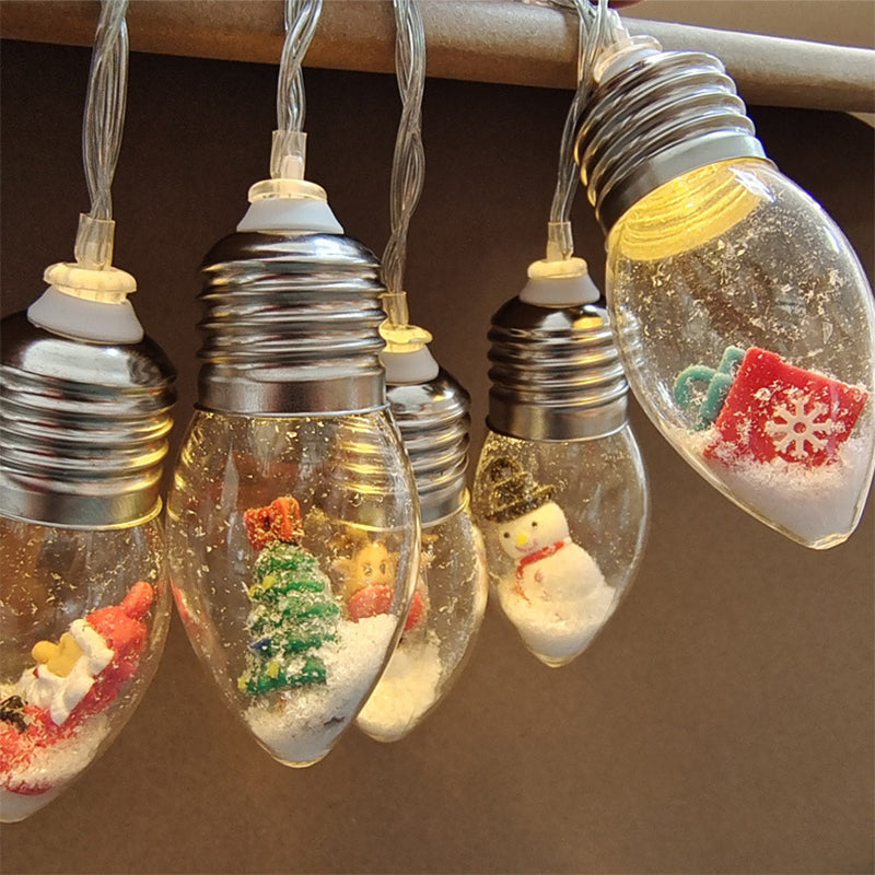 Child reaching for glowing USB-powered Santa Christmas string lights, creating holiday joy