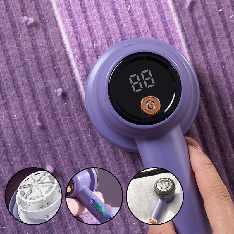 Rechargeable lint remover with digital display, shown on a beige couch cushion, home essential.