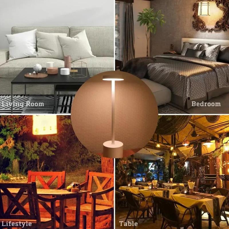 LED table lamp, cordless and modern, providing accent lighting on a bookshelf