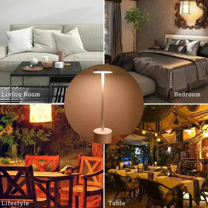LED table lamp, cordless and modern, providing accent lighting on a bookshelf