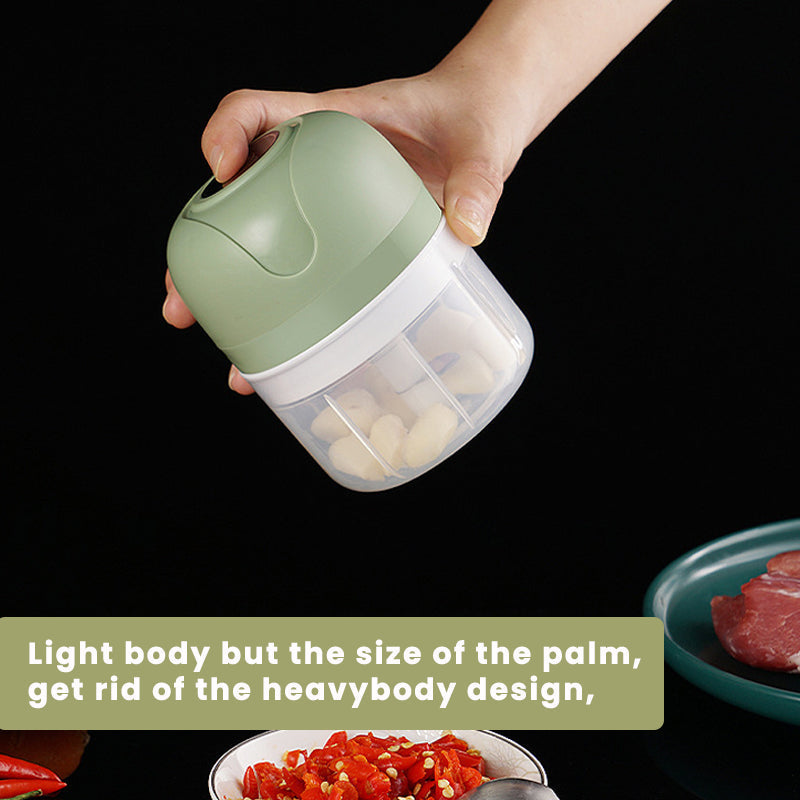 Handheld USB electric food blender for garlic and herbs, showcasing compact design and power.