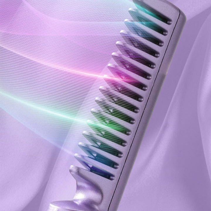 Compact USB rechargeable hair straightener brush, offering quick heat for frizz control and sleek hairstyles.