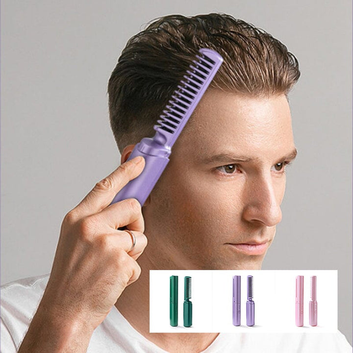 Mini hair straightening comb, perfect for travel, features USB charging. Achieve smooth hair effortlessly.