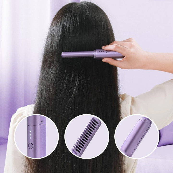 Portable hair straightener comb, USB rechargeable, designed for convenience and effective hair styling on the go.