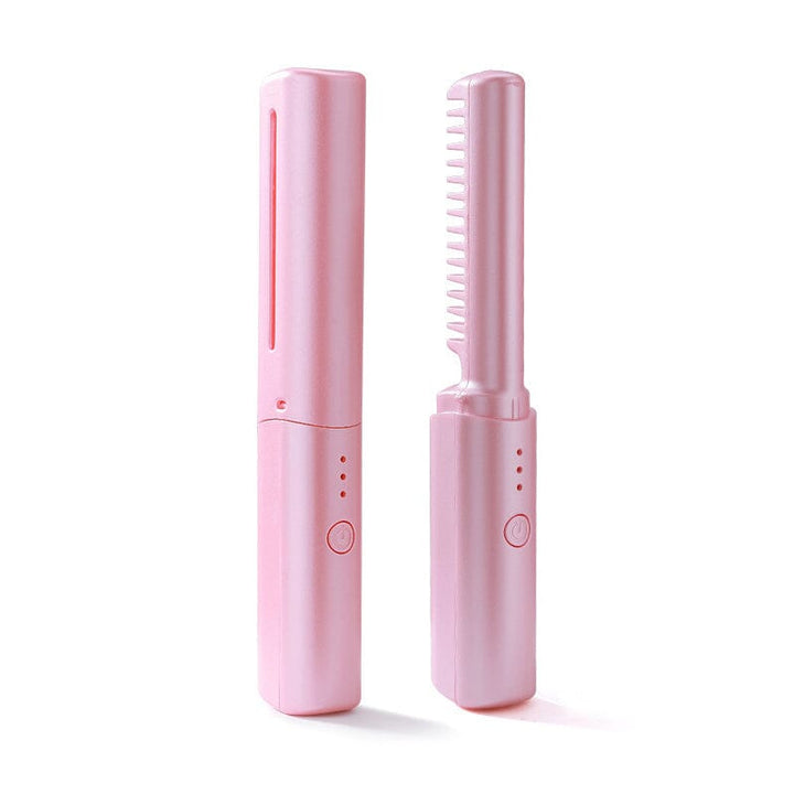 Compact ceramic hair straightening brush, USB rechargeable for elegant, smooth hair during travel.