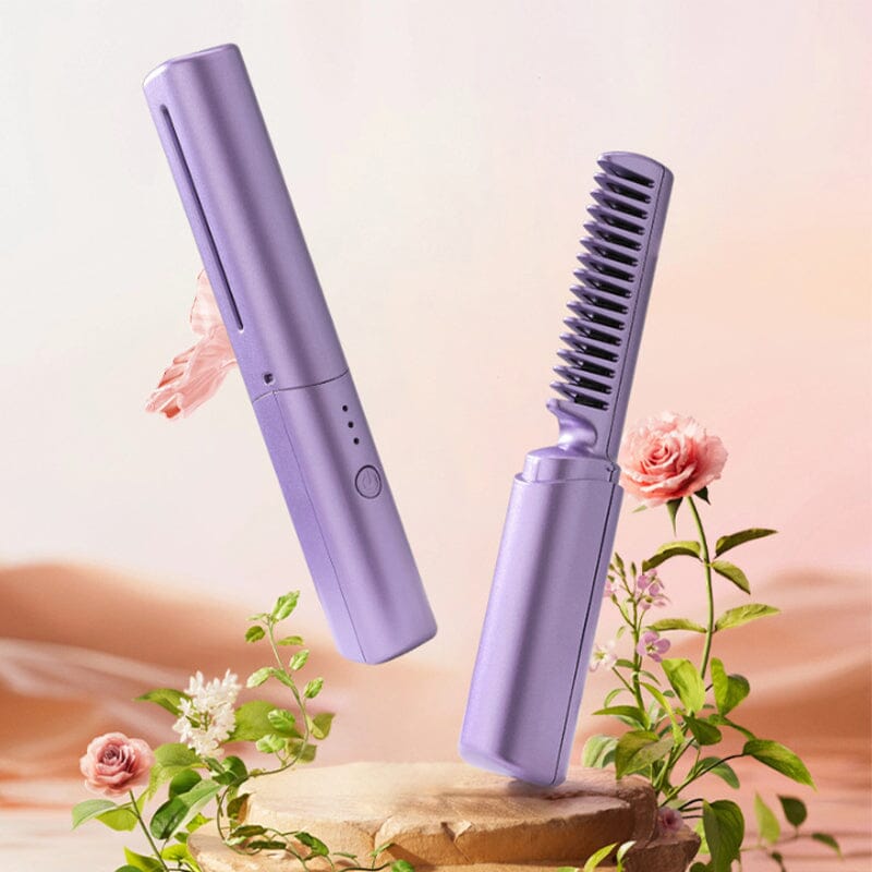 Portable ceramic hair straightener comb, USB rechargeable for travel styling. Ideal for quick touch-ups.