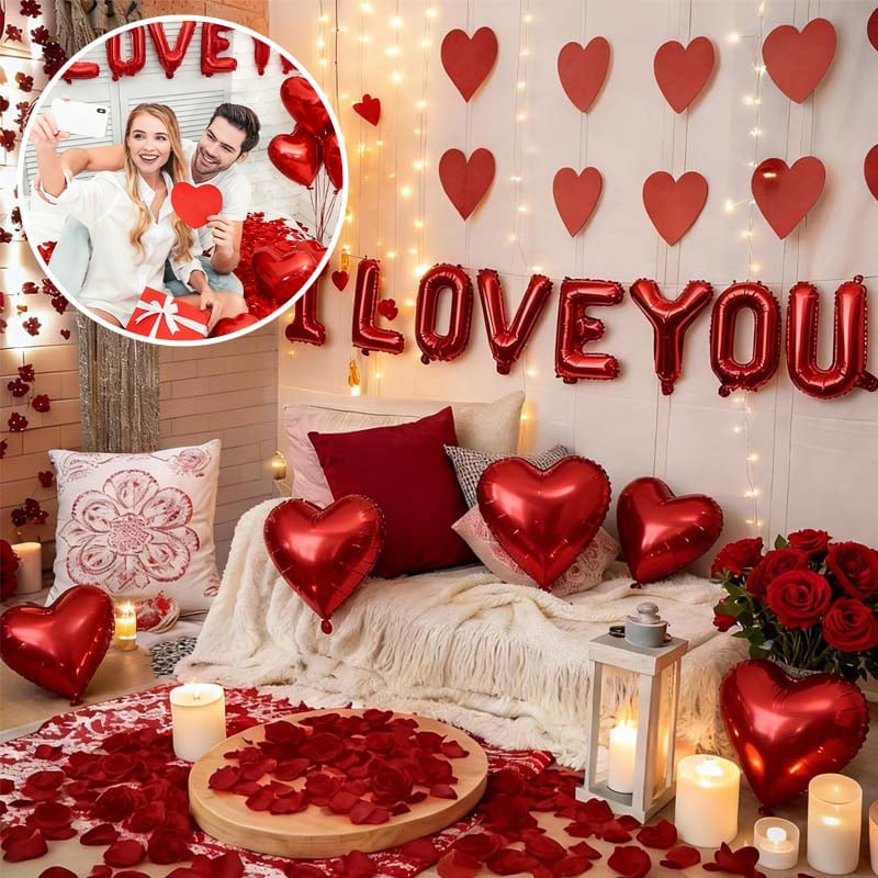 Valentine's Day Romantic Balloon Decoration Set with red and pink heart balloons